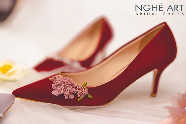 Giày cưới Nghé Art lụa đỏ hoa hồng 309 - Đỏ - 7 phân