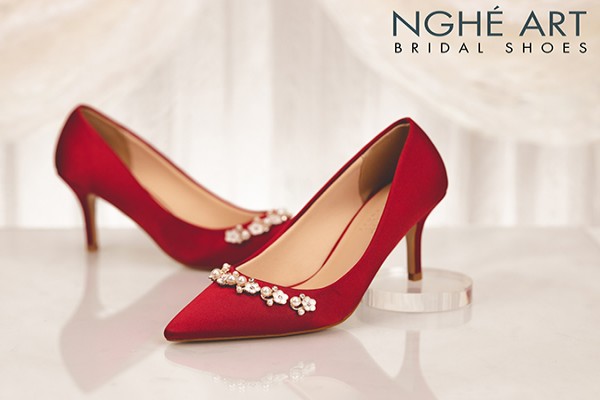 Giày cưới Nghé Art lụa satin đỏ kim loại 310 - Đỏ - 7 phân