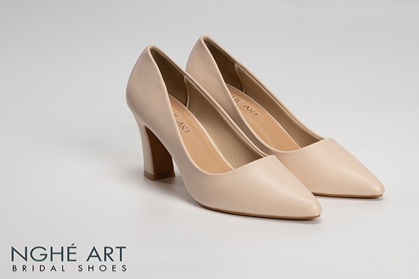 Giày cưới Nghé Art basic bít mũi màu kem gót vuông 221 - Nude