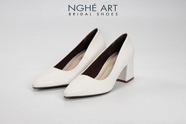Giày cưới Nghé Art basic bít mũi trắng gót vuông 166 - 6 phân