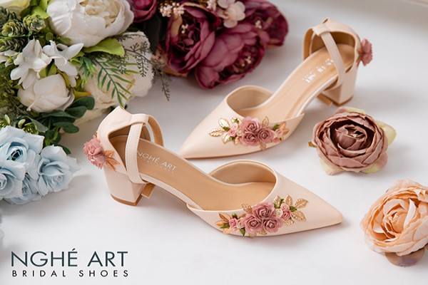 Giày cưới Nghé Art hoa 298 - Nude