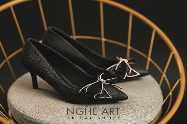 Giày cưới Nghé Art nơ kim tuyến màu đen 358 - Đen