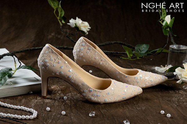 Giày cô dâu Nghé Art ren kim sa 370 - Nude - 8 phân