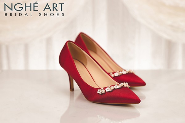 Giày cưới Nghé Art lụa satin đỏ kim loại 310 - Đỏ - 8.5 phân