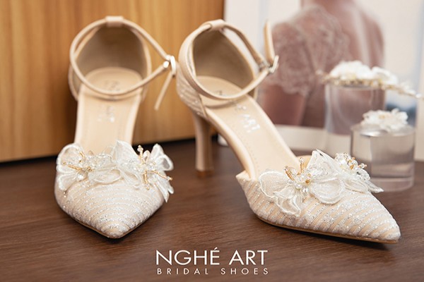 Giày cưới Nghé Art ren kim tuyến 419 - Nude - 9 phân