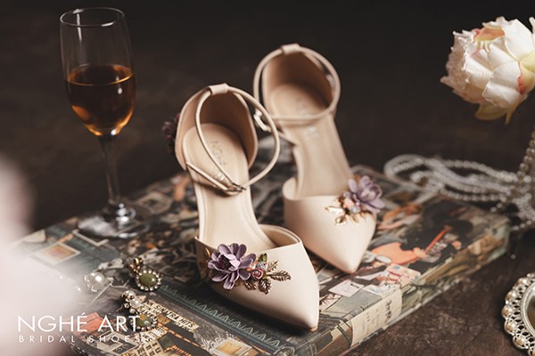 Giày cưới Nghé Art dãy hoa Vintage 421 - Nude hoa tím - 9 phân