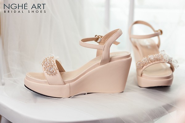 Giày cưới Nghé Art đế xuồng kết pha lê 387-10p - Nude - 10 phân
