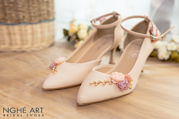 Giày cưới Nghé Art hở eo hoa hồng 291 - Nude - 7 phân