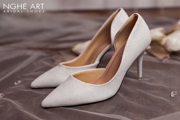 Giày cưới Nghé Art basic hở eo da ánh kim 442 - Trắng - 9 phân