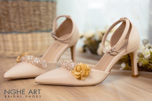 Giày cưới Nghé Art cao gót quai đính pha lê 365 - Nude - 9 phân