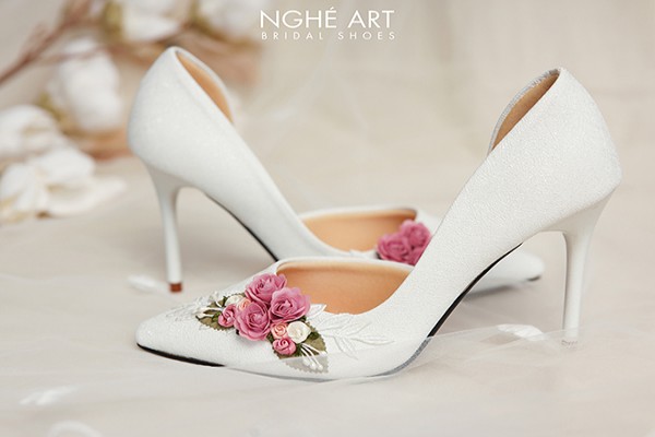 Giày cưới Nghé Art hoa hồng 479-442 - Trắng - 9 phân
