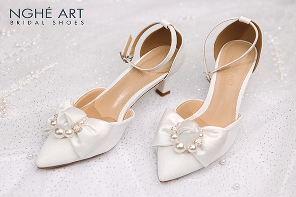 Giày cưới Nghé Art sandal đính nơ 483-430 - Trắng - 7 phân