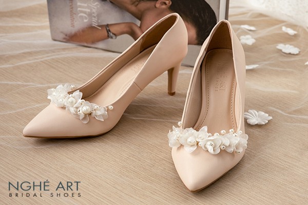 Giày cưới Nghé Art cao gót đính hoa voan ngọc trai 380 - Nude - 8 phân