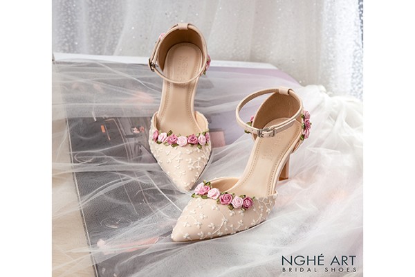 Giày cưới Nghé Art handmade ren hoa hồng 498 - Nude - 9 phân