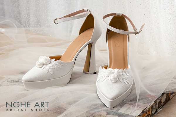 Giày cưới Nghé Art hoa hồng cao 13 phân 489-481 - Trắng - 13 phân