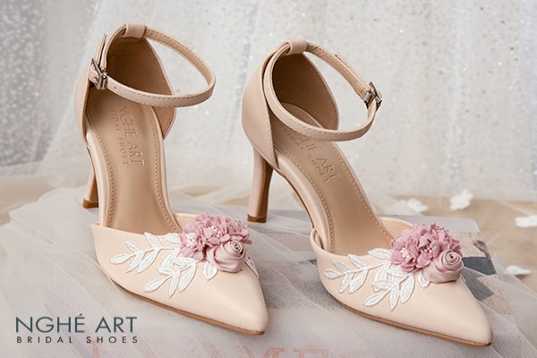 Giày cưới Nghé Art cụm hoa hồng 489-340N - Nude - 9 phân