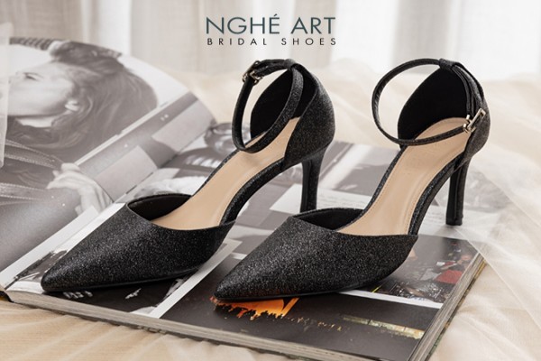 Giày cưới Nghé Art basic bling bling nhũ kim tuyến 340-da - Đen - 9 phân