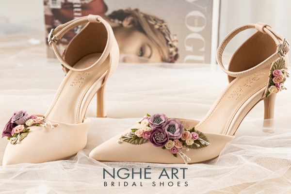 Giày cưới Nghé Art hoa hồng tím vintage 343 - Nude - 9 phân