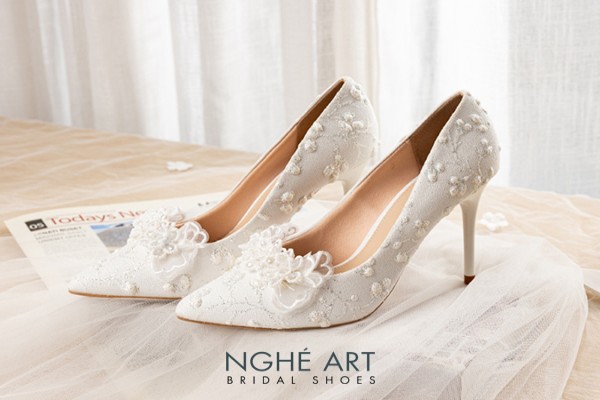 Giày cưới Nghé Art handmade ren kim tuyến 499-377 - Trắng - 10 phân