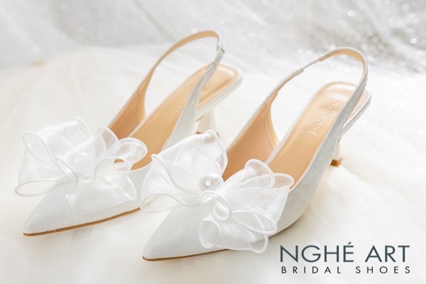 Giày cưới Nghé Art form slingback nơ voan 431-502 - Trắng - 7 phân