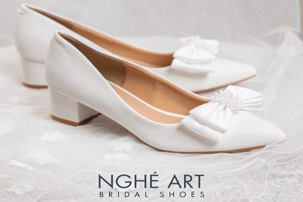 Giày cưới Nghé Art đính nơ hoa pha lê 519-274nhu - Trắng - 4 phân