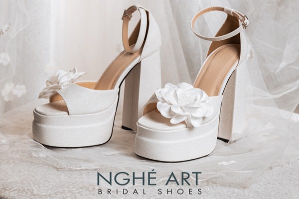 Giày cưới Nghé Art hoa lụa gót cao 15cm 518-501 - Trắng - 15 phân