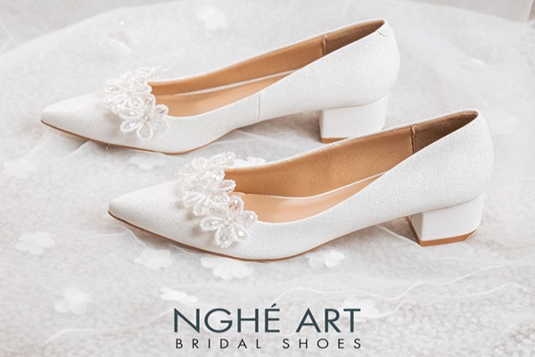 Giày cưới Nghé Art kết hoa pha lê 445-274nhu - Trắng - 4 phân