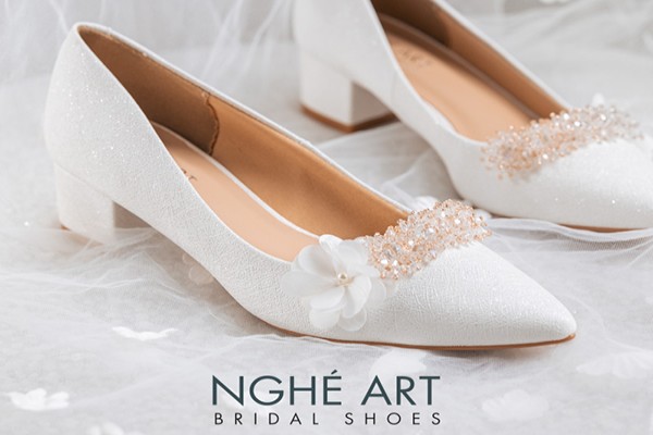 Giày cưới Nghé Art kết hoa và pha lê 339-274Nhu - Trắng - 4 phân