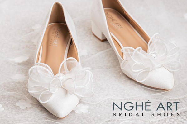 Giày cưới Nghé Art đính nơ voan 431-274nhu - Trắng - 4 phân