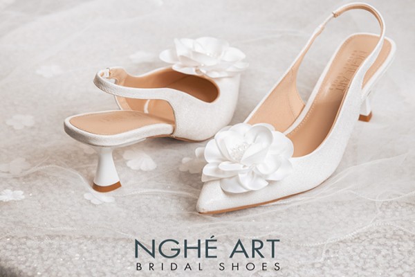 Giày cưới Nghé Art slingback hoa lụa 518-502 - Trắng - 7 phân