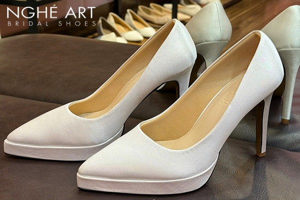 Giày cưới Nghé Art basic lụa satin cao 12 phân 543lua - Trắng - 12 phân