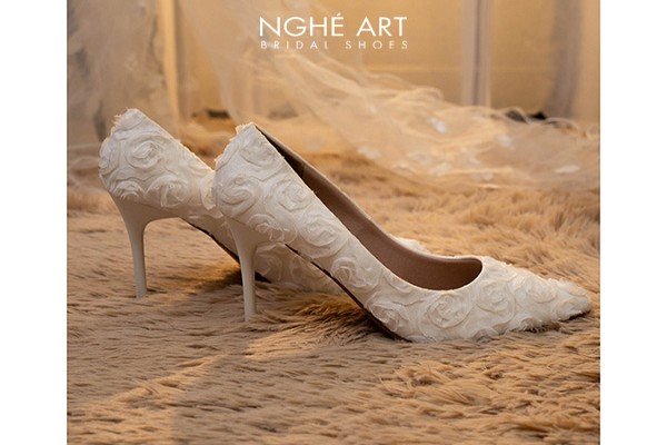 Giày cưới Nghé Art ren hoa hồng trắng cao 10 cm 545-377-10P-NHU-TRANG - Trắng - 10 phân
