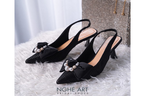 Giày cưới Nghé Art slingback nơ đen 483-502-7p-nhu-den - Đen - 7 phân