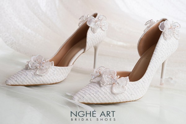 Giày cưới Nghé Art cao gót ren hoa voan pha lê 558-442-NHU-TRANG - Trắng - 9 phân