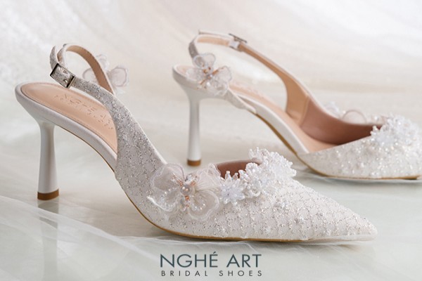 Giày cưới Nghé Art form slingback ren hoa voan pha lê 560-535-NHU-TRANG - Trắng - 7 phân