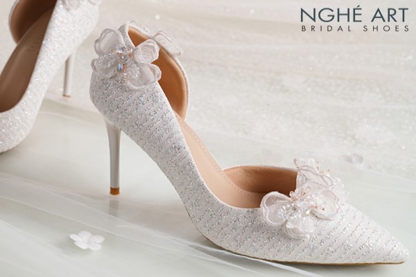 Giày cưới Nghé Art cao gót ren hoa voan pha lê 558-442-NHU-TRANG - Trắng - 7 phân