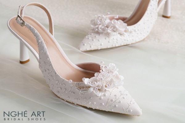 Giày cưới Nghé Art form slingback ren hoa ngọc trai 553-535-NHU-TRANG - Trắng - 9 phân