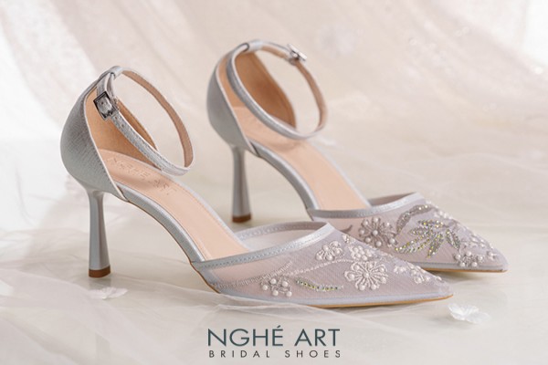 Giày cưới Nghé Art basic ren lưới thêu vàng champagne 556-9P-LUOI-XAM - Xám xanh pastel - 9 phân