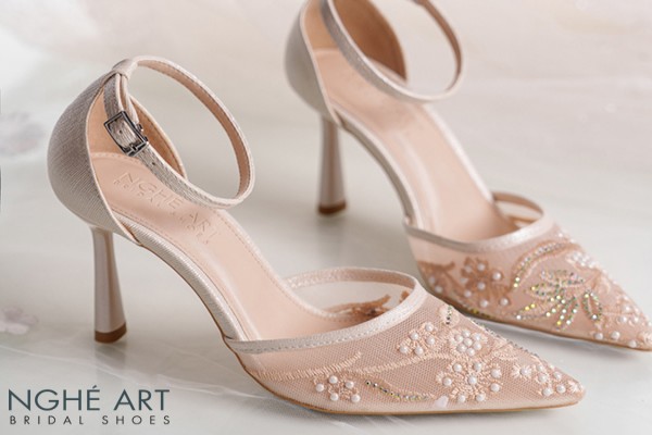 Giày cưới Nghé Art basic ren lưới thêu vàng champagne 556-9P-LUOI-VANG - Vàng champage - 9 phân