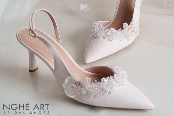 Giày cưới Nghé Art form slingback đính hoa voan pha lê 571-535-NHU-TRANG - Trắng - 7 phân
