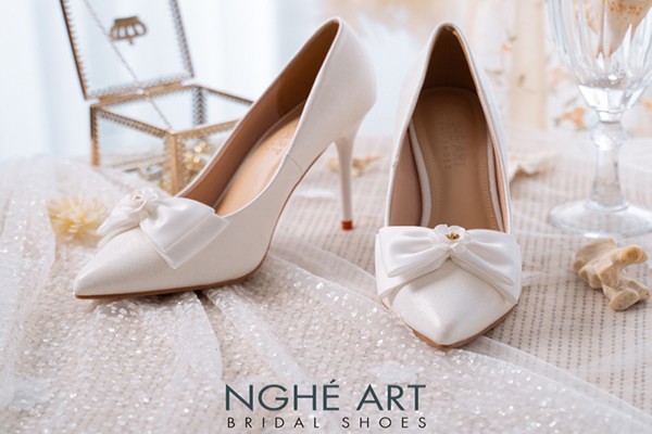 Giày cưới Nghé Art cao gót đính nơ 504-377-10P-NHU-TRANG - Trắng - 10 phân
