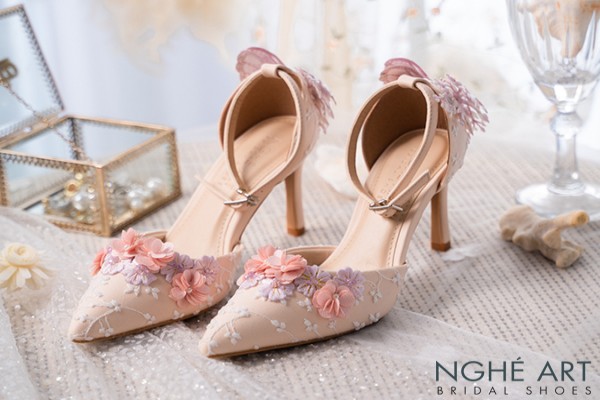 Giày cưới Nghé Art ren hoa hồng vintage 528-340-9P-DA-NUDE - Nude - 9 phân