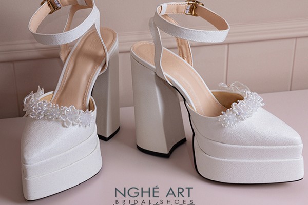 Giày cưới Nghé Art cao 15 cm hoa voan pha lê 571-532-15P-NHU-TRANG - Trắng - 15 phân