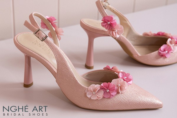 Giày cưới Nghé Art dáng slingback đính hoa tú cầu hồng 538-HONG-535-NHU-HONG - Hồng pastel - 7 phân