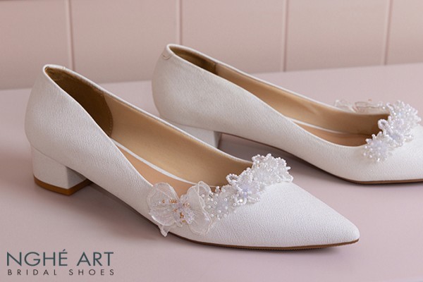Giày cưới Nghé Art cao 4 cm hoa voan pha lê 571-274-4P-NHU-TRANG - Trắng - 4 phân