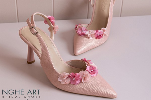 Giày cưới Nghé Art dáng slingback đính hoa tú cầu hồng 538-HONG-535-NHU-HONG - Hồng pastel - 9 phân