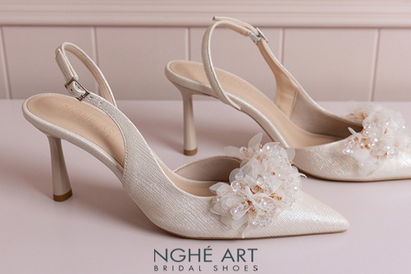 Giày cưới Nghé Art slingback cụm hoa voan pha lê 573-535 - Vàng champage - 7 phân