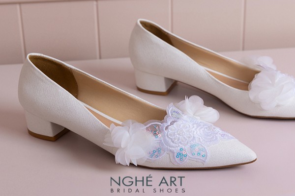 Giày cưới Nghé Art ren kim sa trắng phối hoa voan 577-274-4P-NHU-TRANG - Trắng - 4 phân