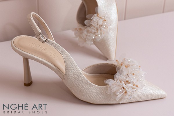 Giày cưới Nghé Art slingback cụm hoa voan pha lê 573-535 - Vàng champage - 9 phân