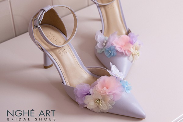 Giày cưới Nghé Art tím pastel hoa voan hồng vàng xanh 579-340-9P-DA-TIM - Tím pastel - 9 phân